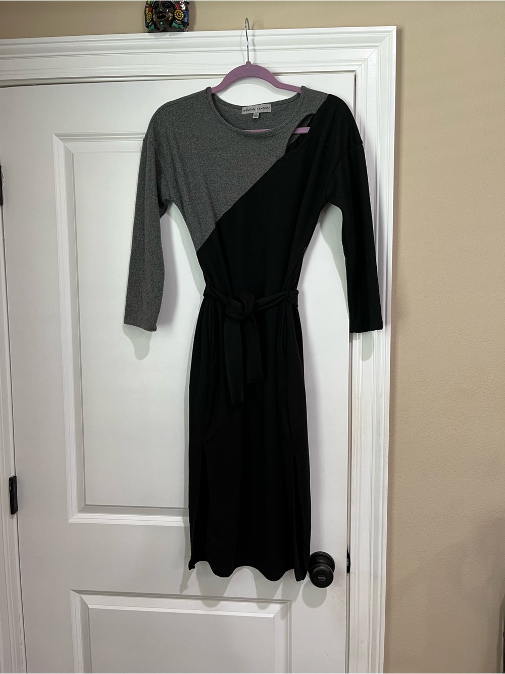 Absolutely Famous Two-Tone Black and Gray Long Sleeve Midi Dress with Tie Belt
